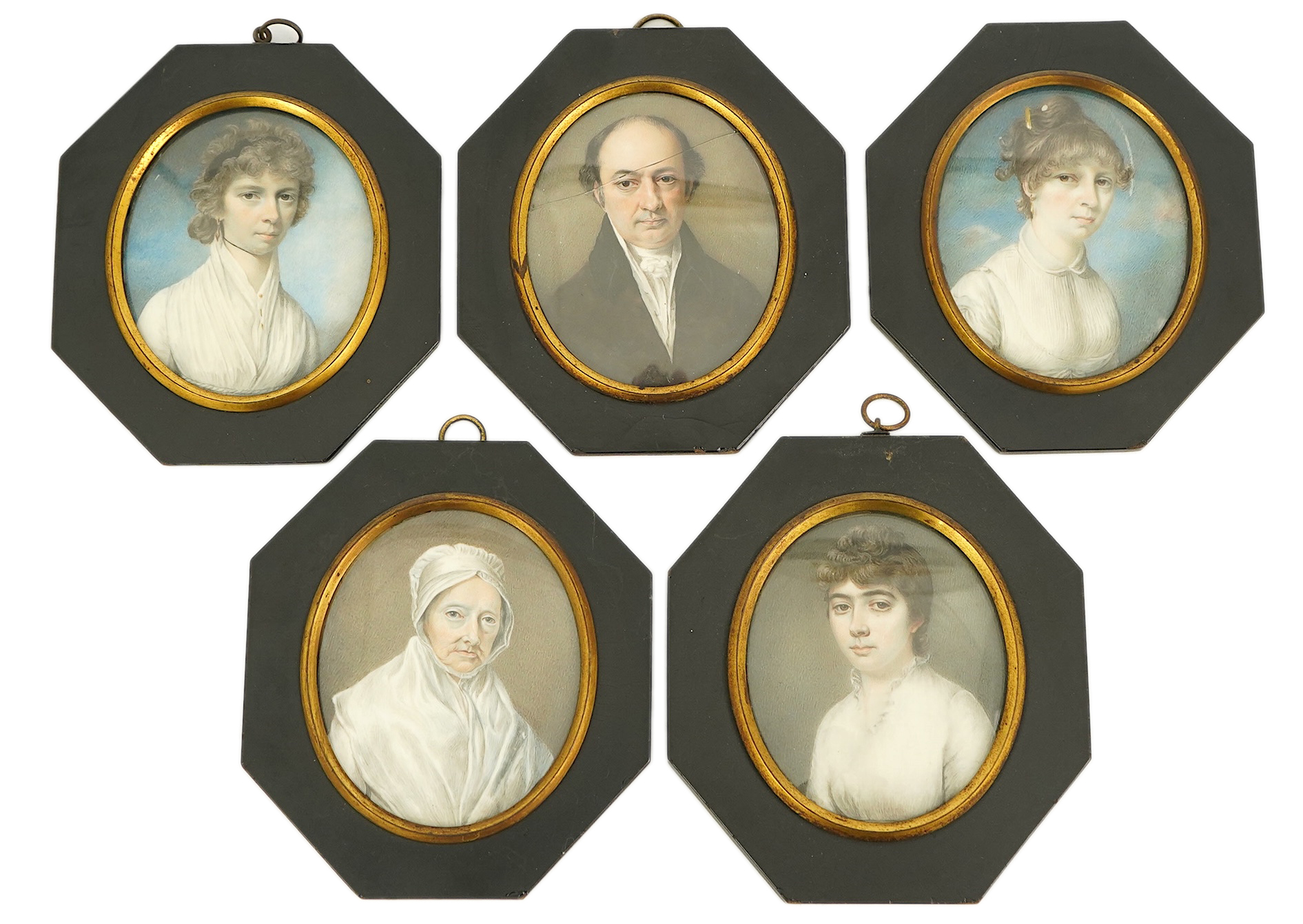 John Hazlitt (British, 1767-1837) , Portrait miniatures of five family members, watercolour on ivory (5), 8 x 6.5cm CITES Submission reference 92DPS9ES